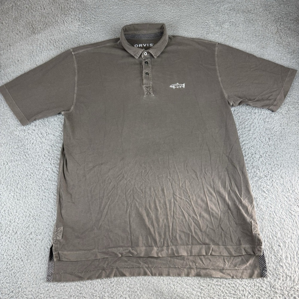 Orvis Polo Shirt Men Large Brown Trout Big Fish Logo Short Sleeve Cotton Classic